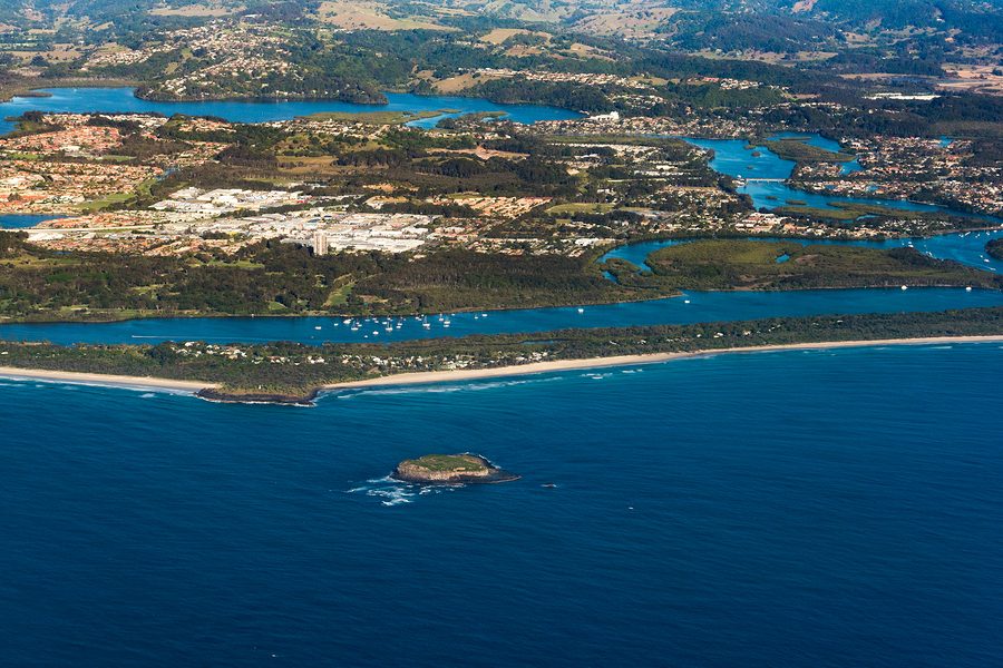 Aerial view of Cook Island off Fingal Heads.